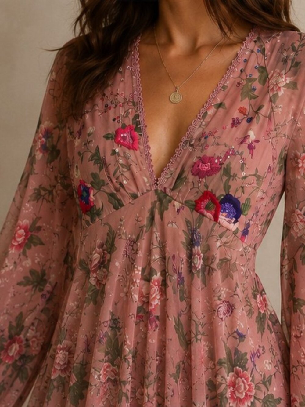 Anjuna Raffaella 100% Silk Chiffon Dress Antique Rose Floral Bell Sleeves Sz XS